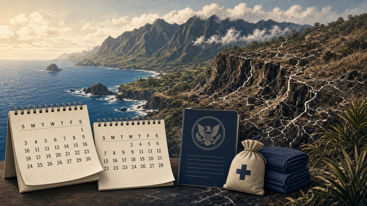 AI illustration of a Hawaiian coastal landscape with calendar imagery.
