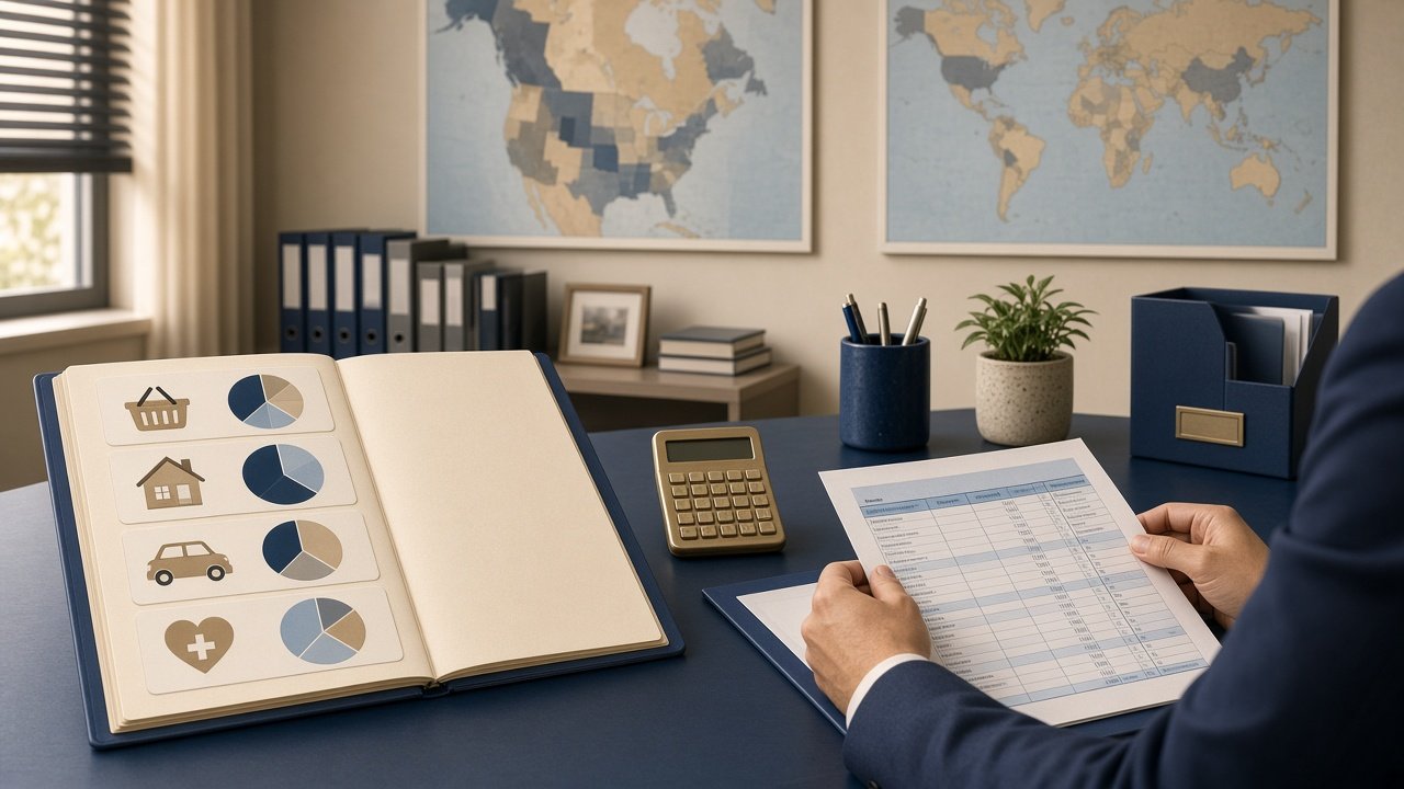 Conceptual illustration showing expense category documents and maps representing IRS collection financial standards review process.