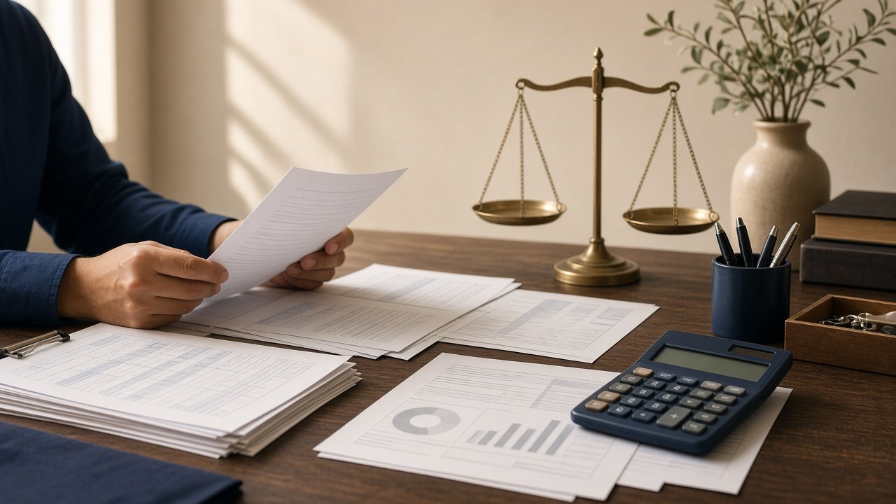 Conceptual illustration of a taxpayer organizing financial records including statements for income, expenses, and assets on a desk.