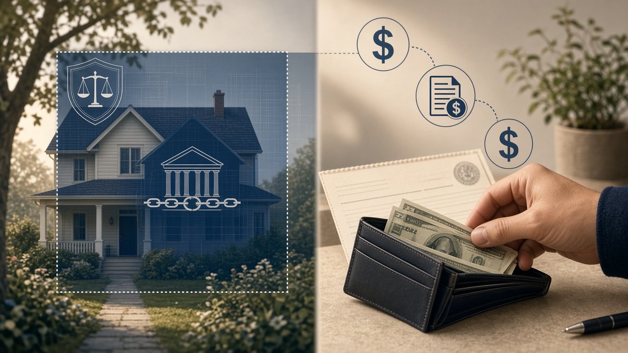 Split conceptual illustration contrasting a tax lien as a legal claim on property with a levy as actual seizure of money and assets