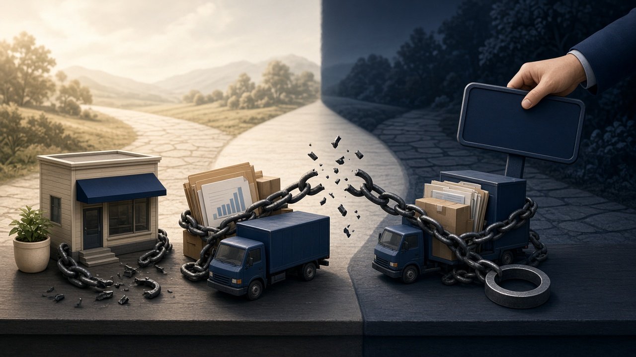 Conceptual split illustration contrasting complete lien release versus notice withdrawal for a small business setting with assets shown.