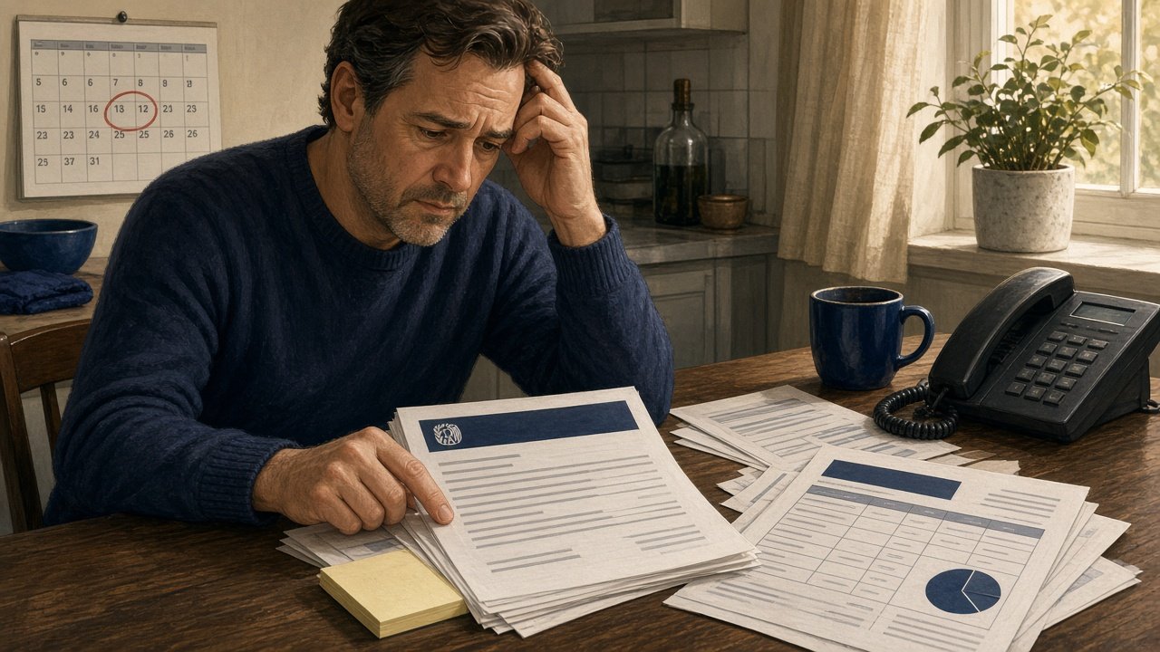 Person examining IRS levy notice and bank statement at a table with calendar