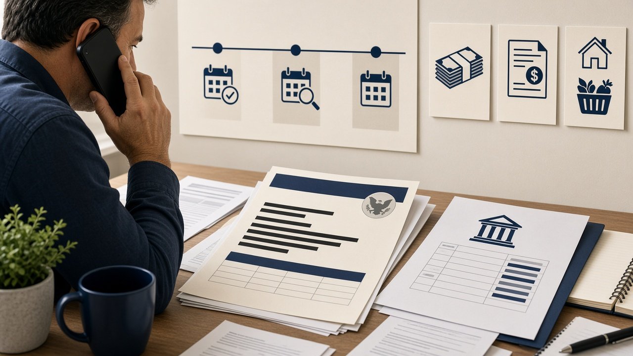 Taxpayer reviewing financial documents and contacting the IRS by phone regarding a levy notice