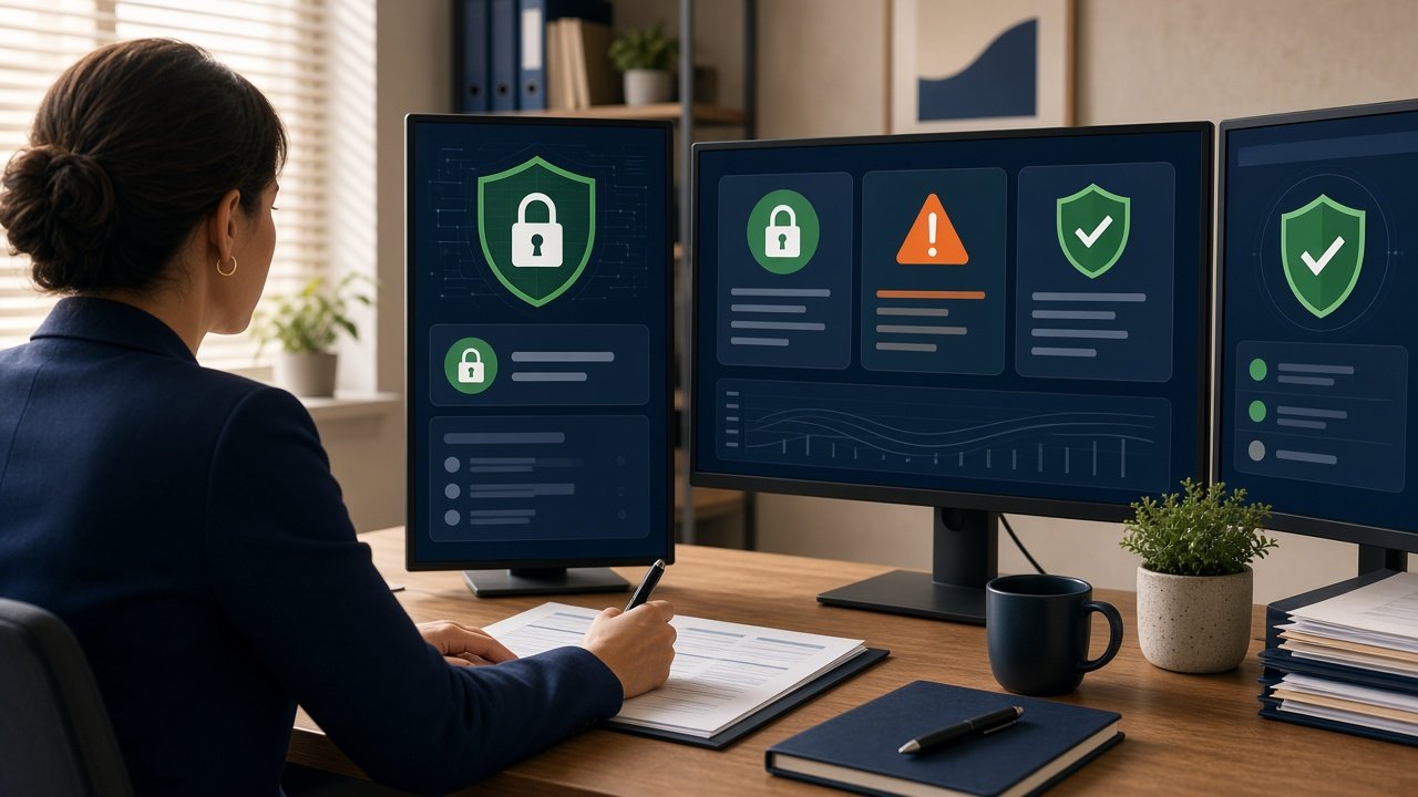 Illustration of a tax professional reviewing security alerts and authorization tools on a computer
