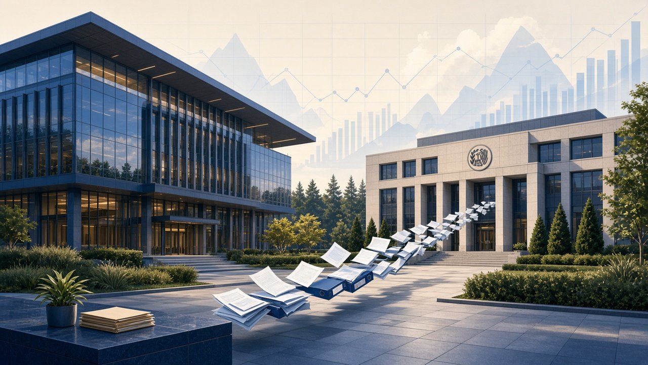 Illustrative image of corporate and IRS buildings connected by a flow of financial documents