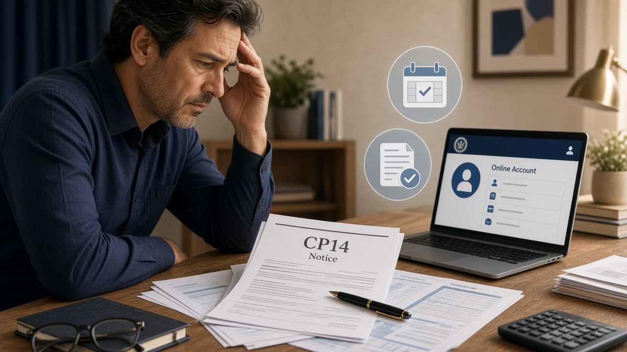 Taxpayer examining tax notice and payment records at a home office desk