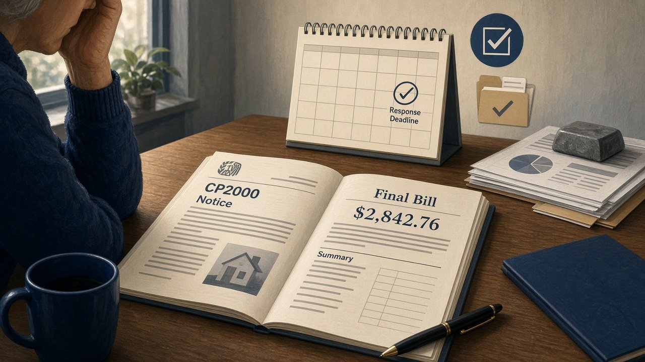 Taxpayer comparing a CP2000 notice document to a final tax bill at a home office desk with calendar visible.