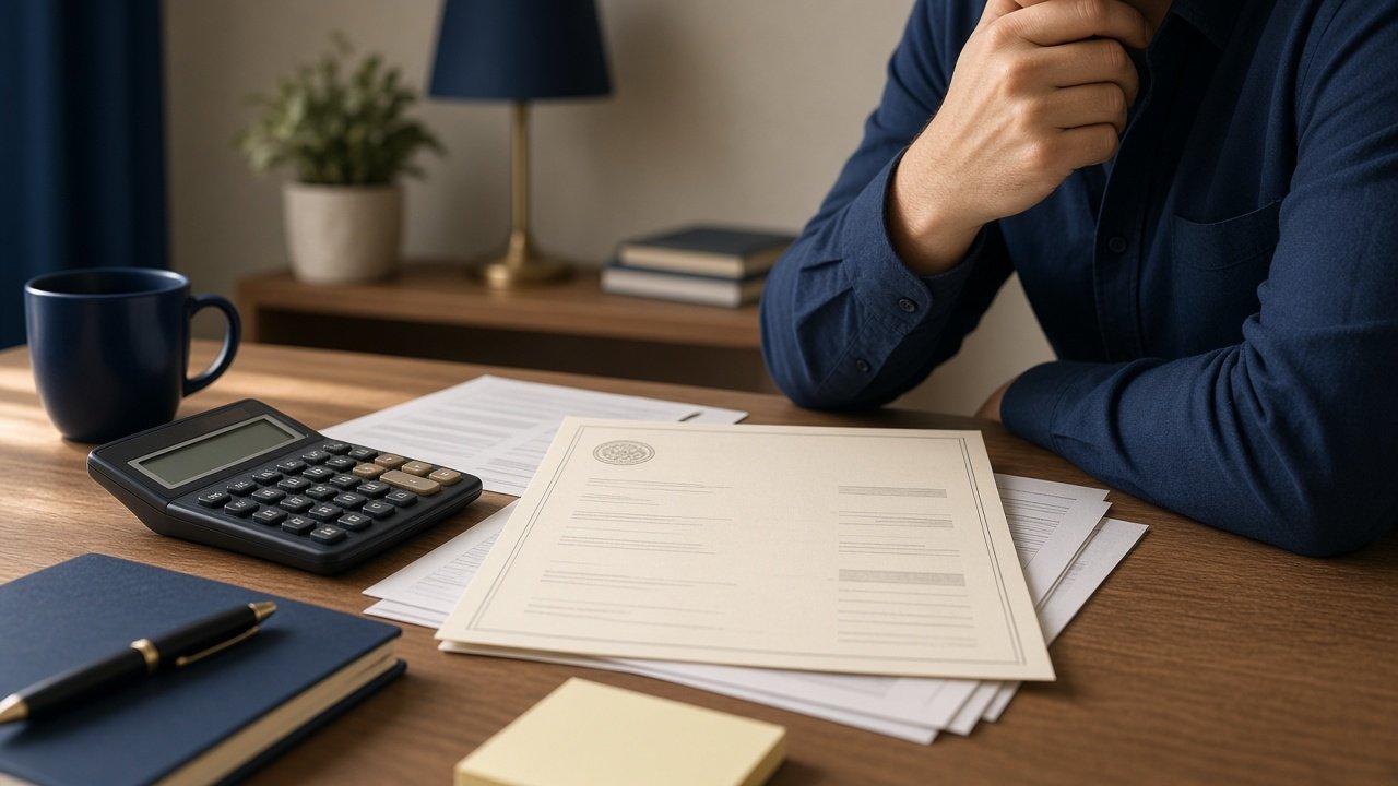 Taxpayer examining paperwork at a desk