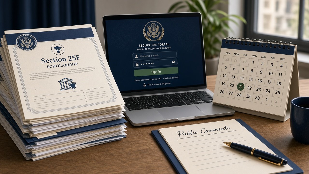 Illustration of IRS forms, scholarship icons, computer portal and calendar for the Section 25F comment period
