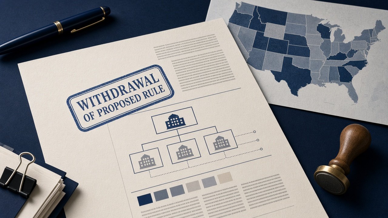 Illustration of IRS partial withdrawal notice overlaid on corporate structure diagrams and a stylized U.S. map