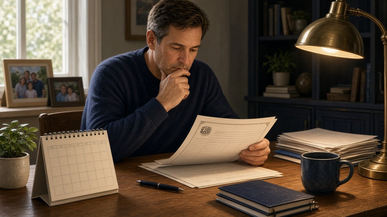 Person at home table carefully reading an IRS notice with supporting documents and calendar visible