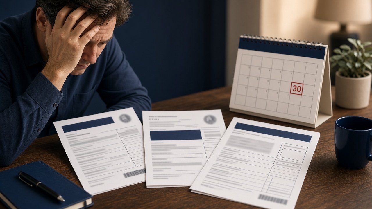 Taxpayer examining IRS collection notices and appeal forms at a desk with calendar
