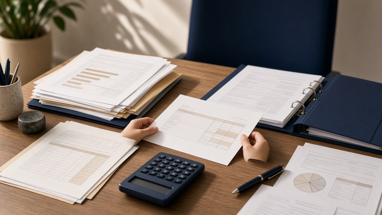 Conceptual illustration showing financial documents and tax forms arranged for review