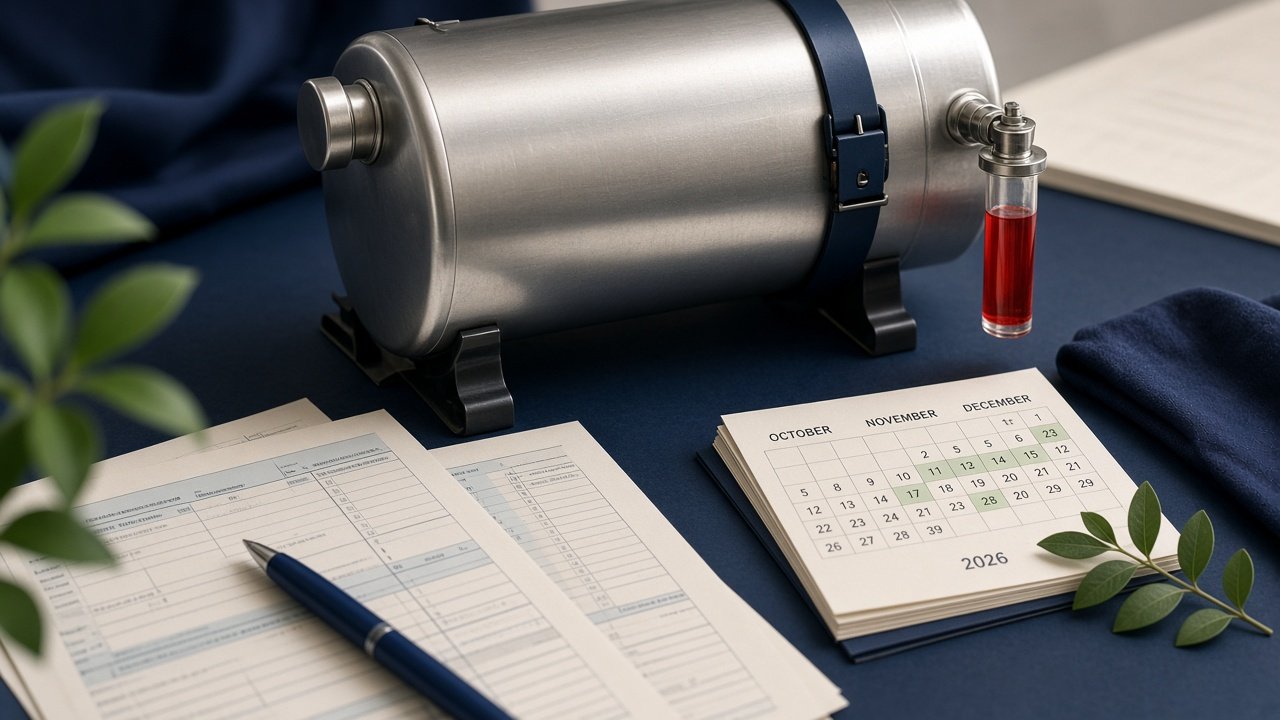 Illustration of a fuel tank containing red-dyed diesel with overlaid tax forms and calendar dates for late 2026