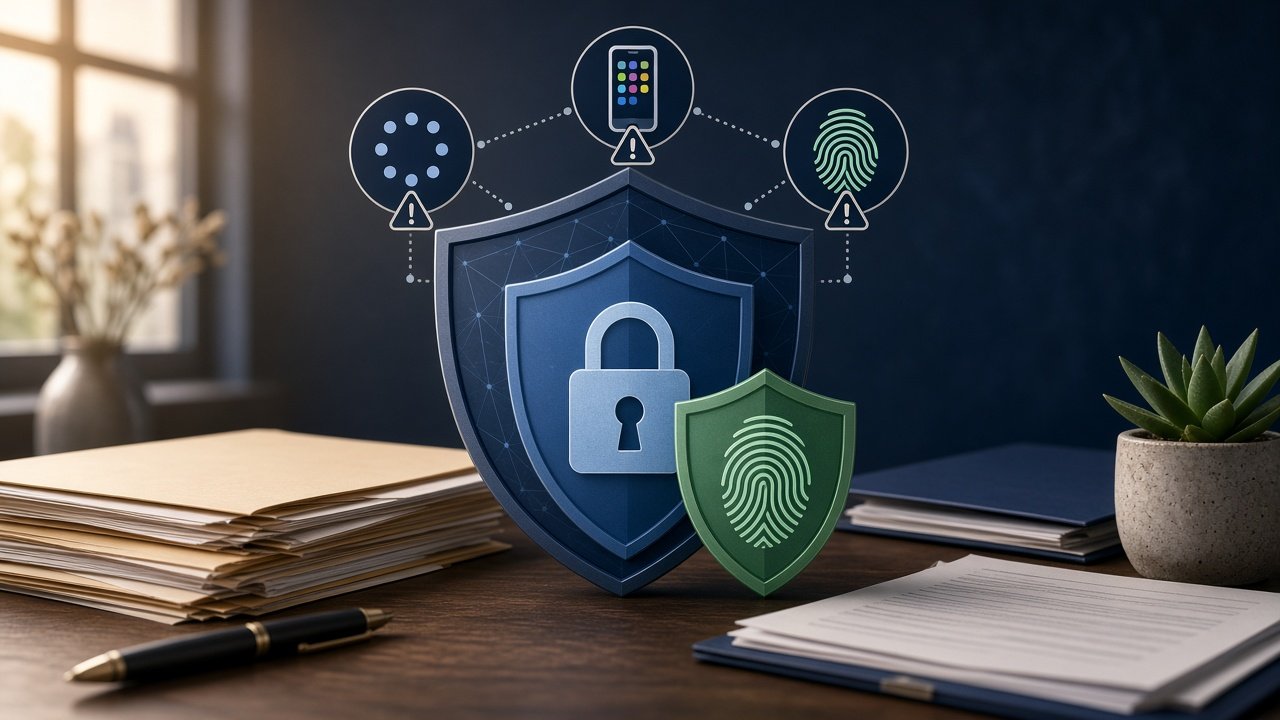 Illustrative graphic depicting security layers for protecting against tax identity theft, including MFA, IP PIN, and online account icons.