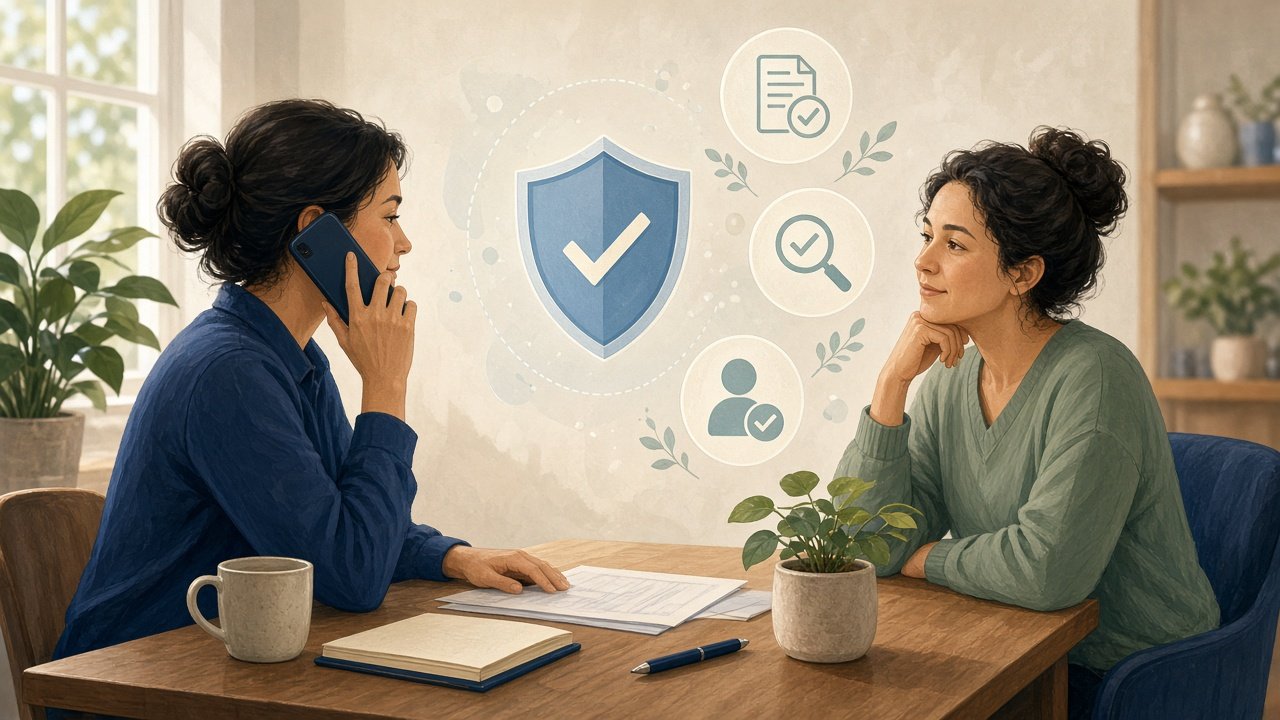 Conceptual illustration of a taxpayer on an IRS phone call with a trusted person present for support.