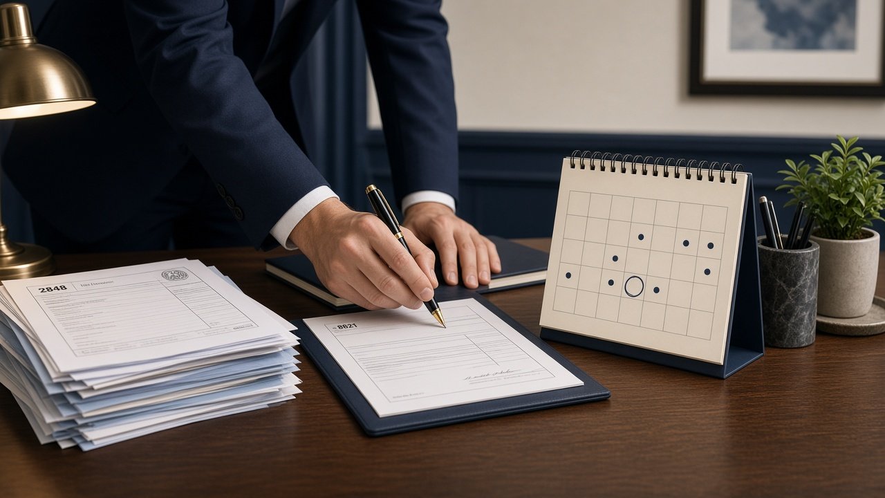 Illustration of tax forms and documents on a desk representing IRS authorization and revocation procedures.