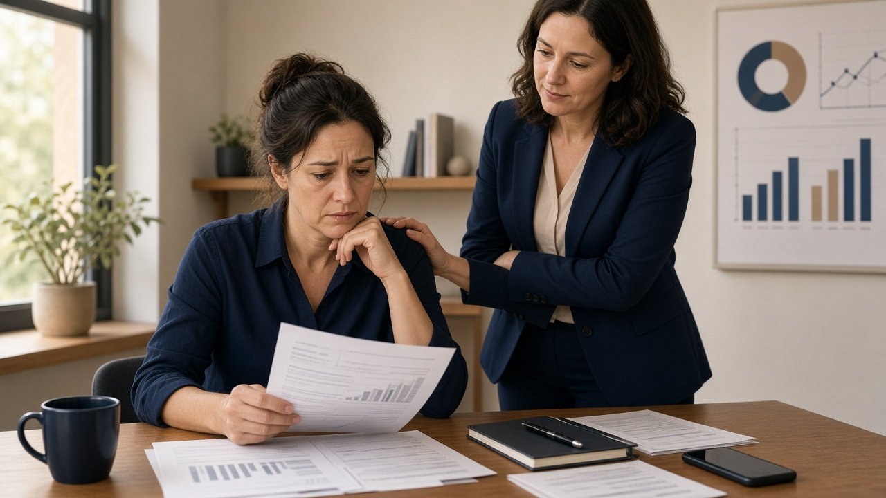 Conceptual illustration of a small business owner receiving assistance with tax documents.
