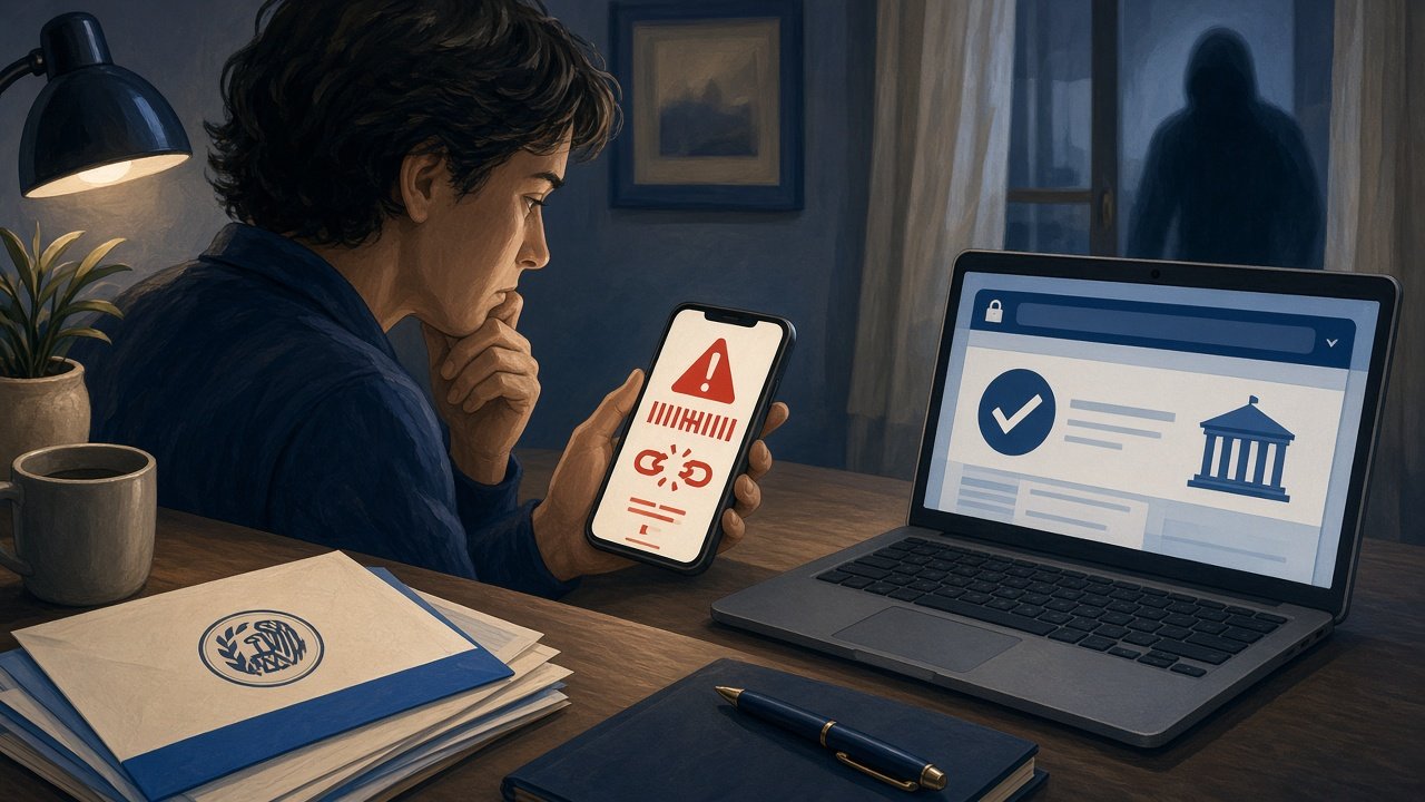 Illustration of a taxpayer reviewing a suspicious message next to legitimate IRS mail and a secure website interface.