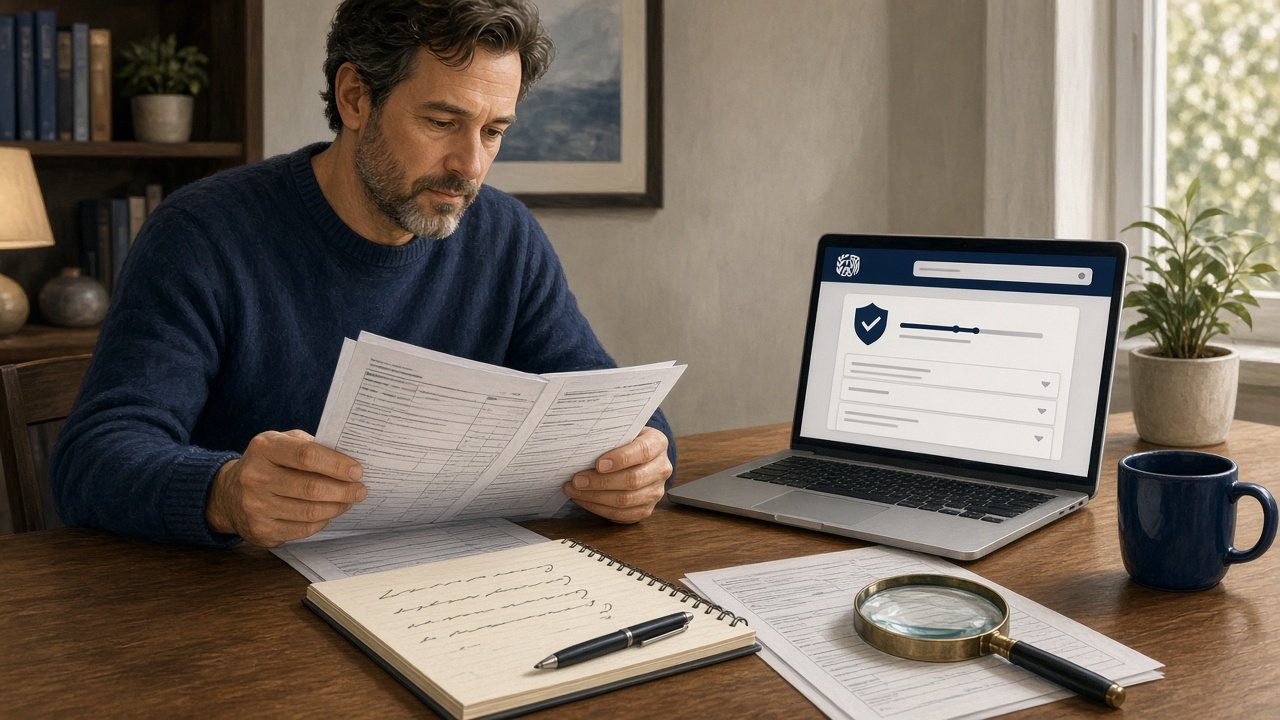 Taxpayer reviewing documents and IRS website on laptop while making notes about questions to ask before hiring tax debt help