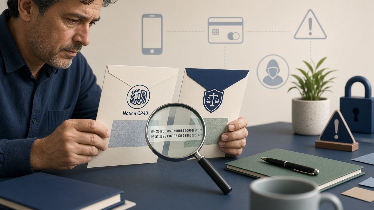 Illustration of a taxpayer reviewing IRS Notice CP40 and private collection agency letter to verify authenticity using the Taxpayer Authentication Number.
