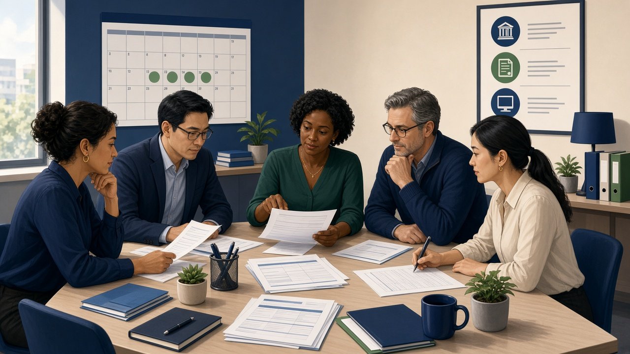 Illustration of workers and payroll staff reviewing paychecks and documents during National Payroll Week.