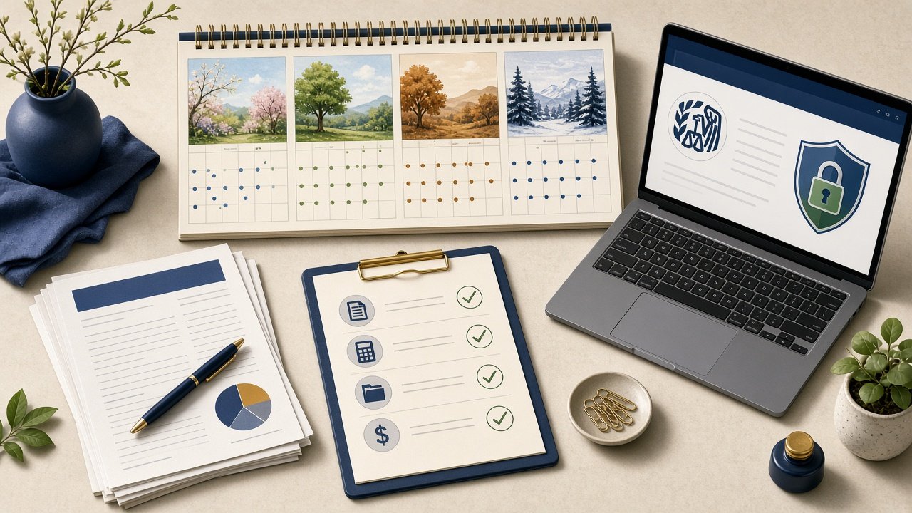 Illustrative graphic of year-round tax planning with seasonal calendar, documents and digital tools