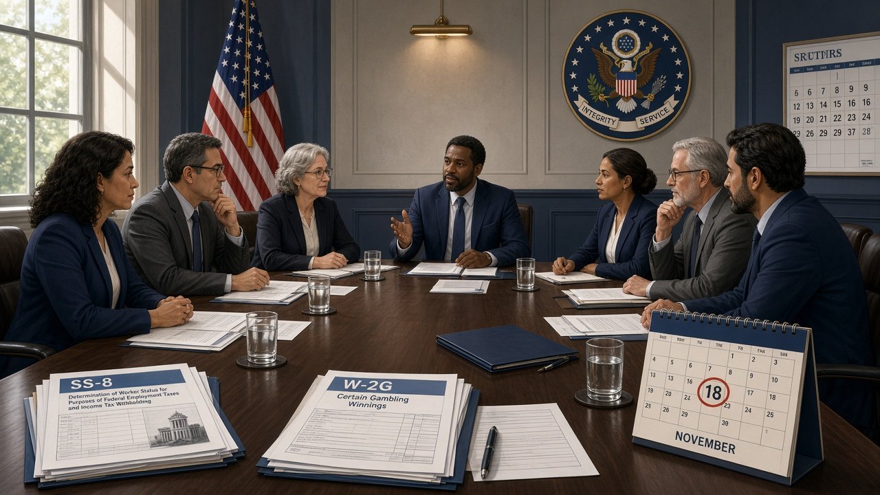 Illustration of an IRS Advisory Council public meeting in a conference room with attendees reviewing tax administration documents.