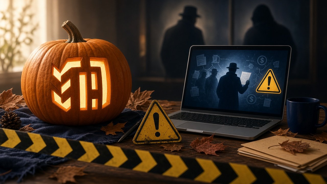 Illustrative graphic of Halloween-themed tax scam warnings with pumpkin, laptop, and caution elements representing IRS alert on fake credits.