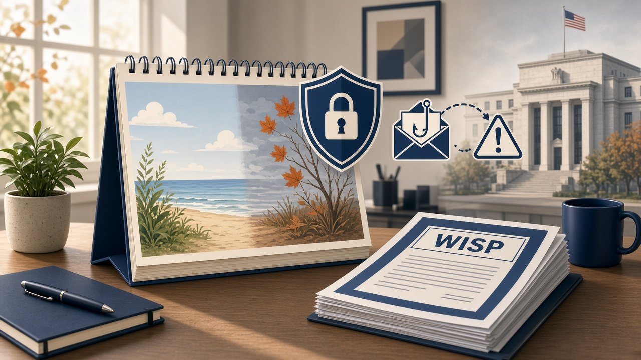 Illustration of seasonal calendar change with cybersecurity and tax professional protection symbols