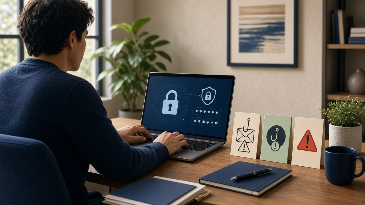 Illustration of a taxpayer reviewing secure online accounts on a laptop with cybersecurity protection symbols