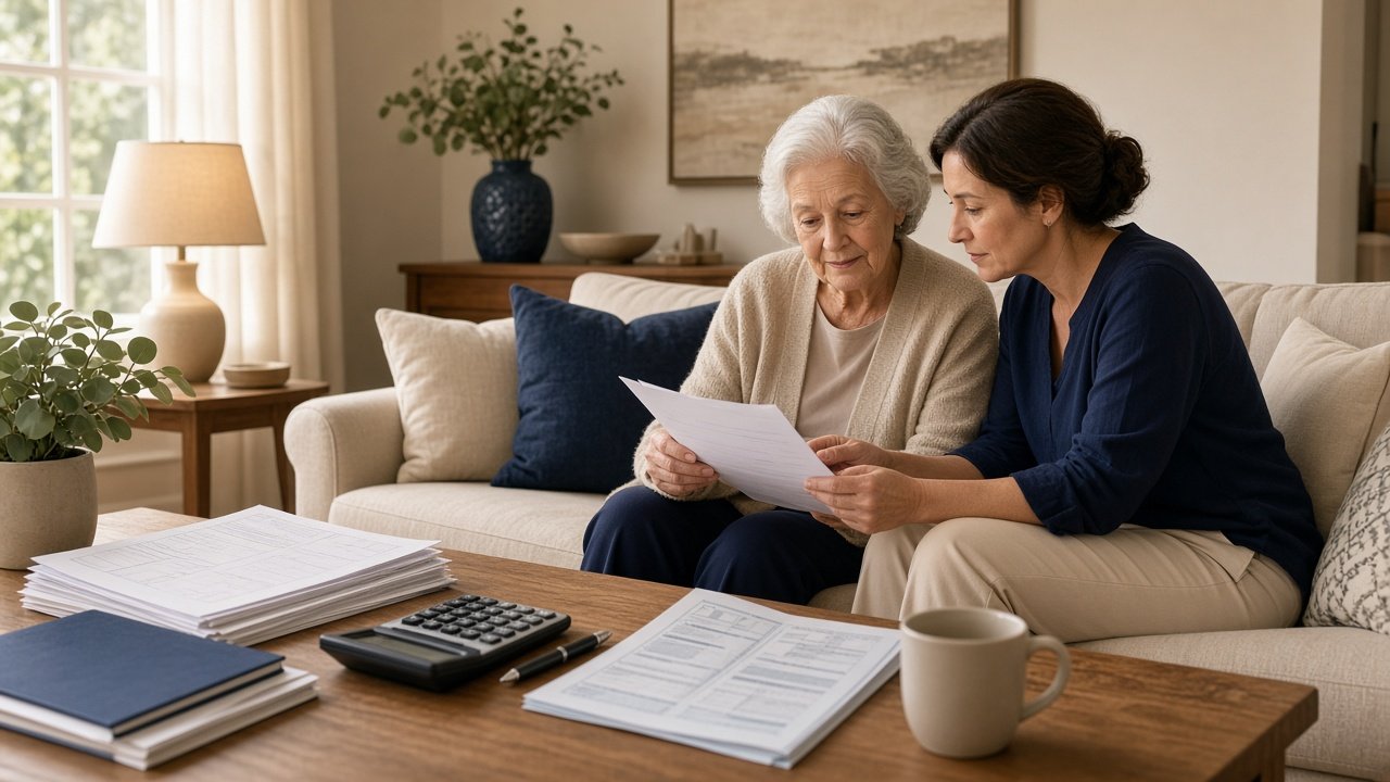 Illustration of a family caregiver assisting an elderly relative with tax forms and IRS publications on the table