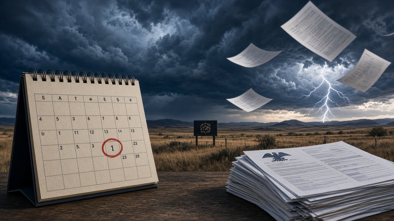 Calendar highlighting February 1, 2027 deadline against backdrop of storm clouds over Oglala Sioux Tribe area with tax forms