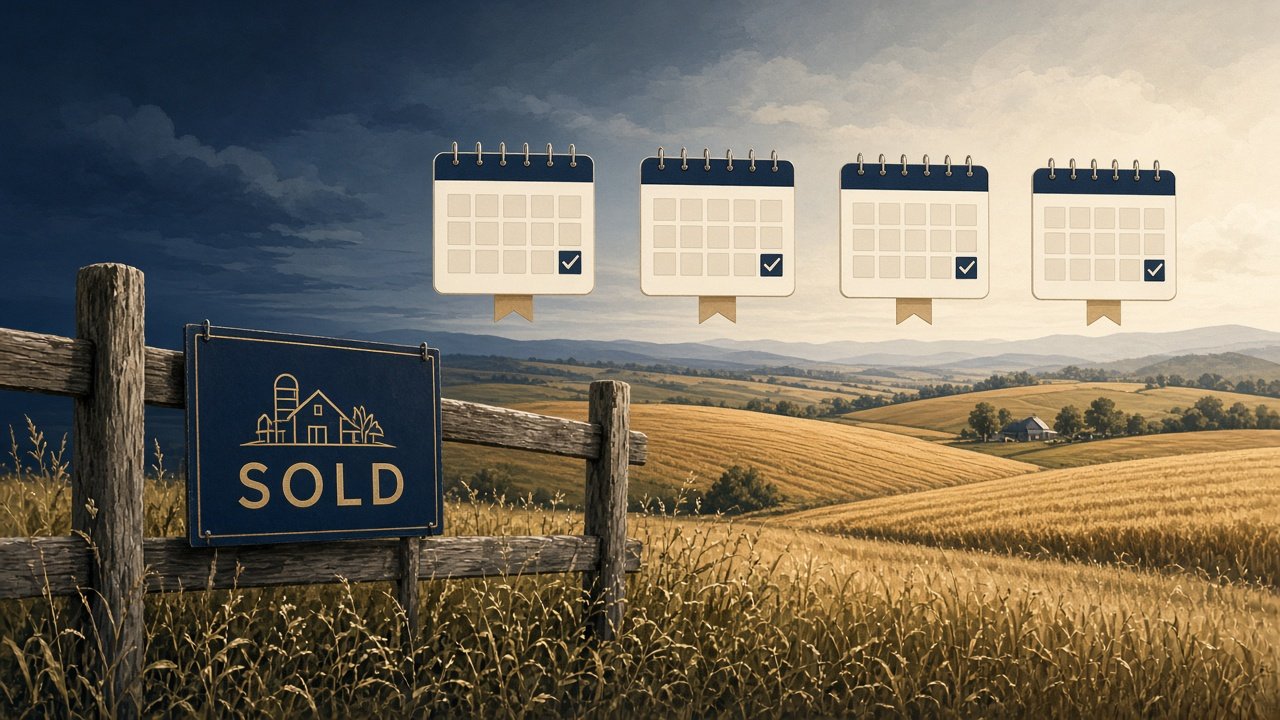 AI illustration of farmland and four calendars representing installments.
