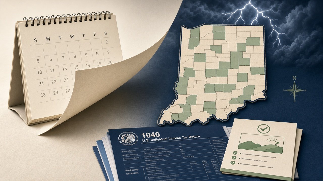 Illustrative calendar and map graphic representing the Indiana disaster tax relief deadline extension from August 2026 to February 1, 2027.