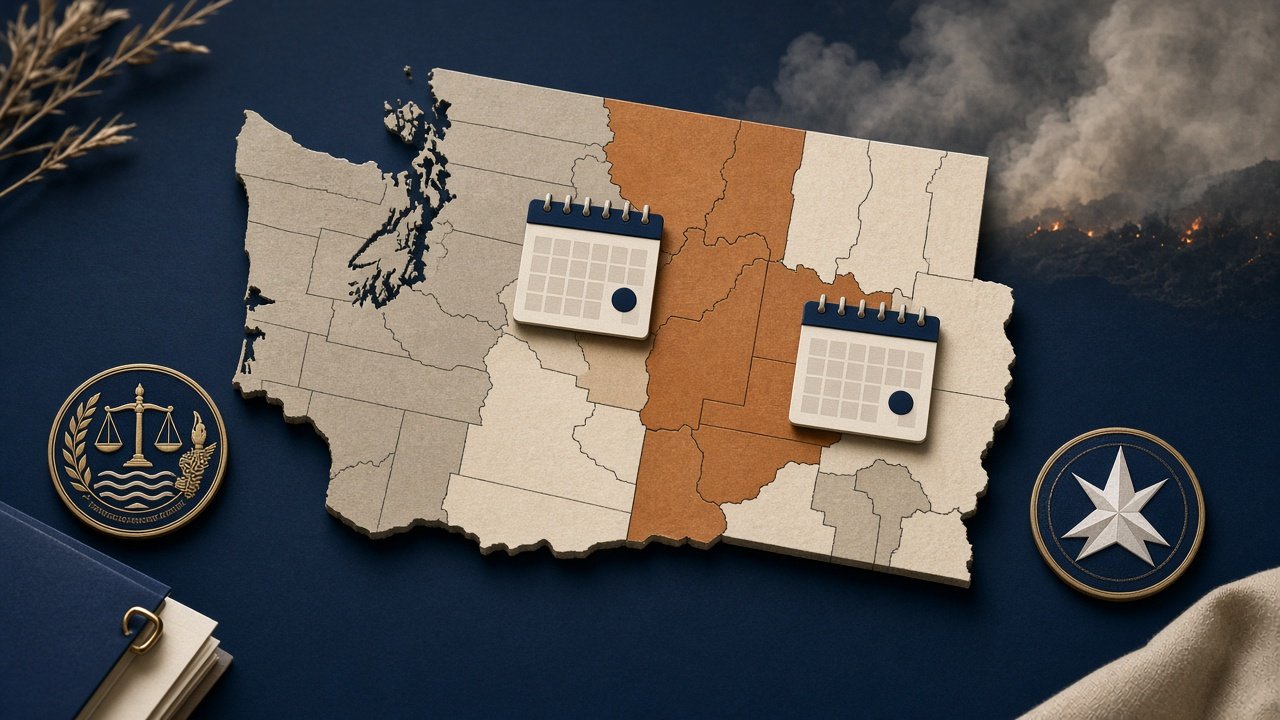 Map of Washington highlighting the six counties and tribal lands covered by the August 2026 IRS wildfire tax relief announcement, with key deadline dates indicated.