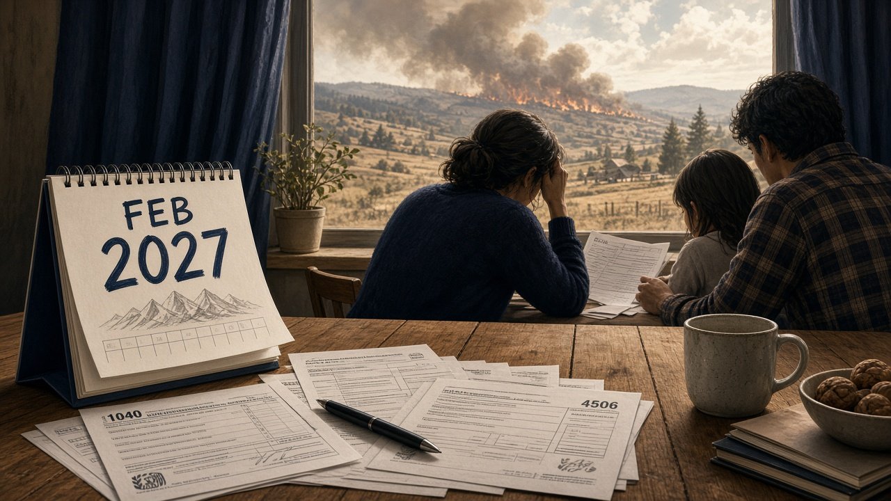 Illustration of Douglas County wildfire aftermath with tax forms and February 2027 calendar