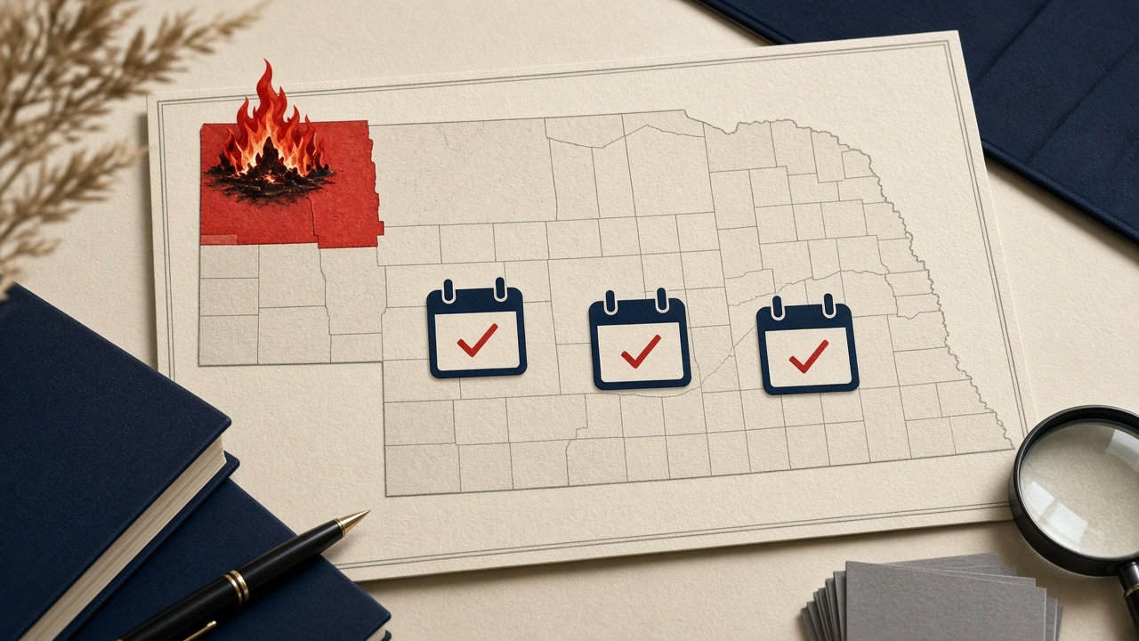 Map of Nebraska with Sioux County highlighted, showing wildfire and tax deadline extension symbols