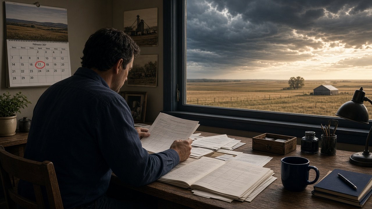 Illustration of a Nebraska small-business owner checking tax deadlines with a 2027 calendar