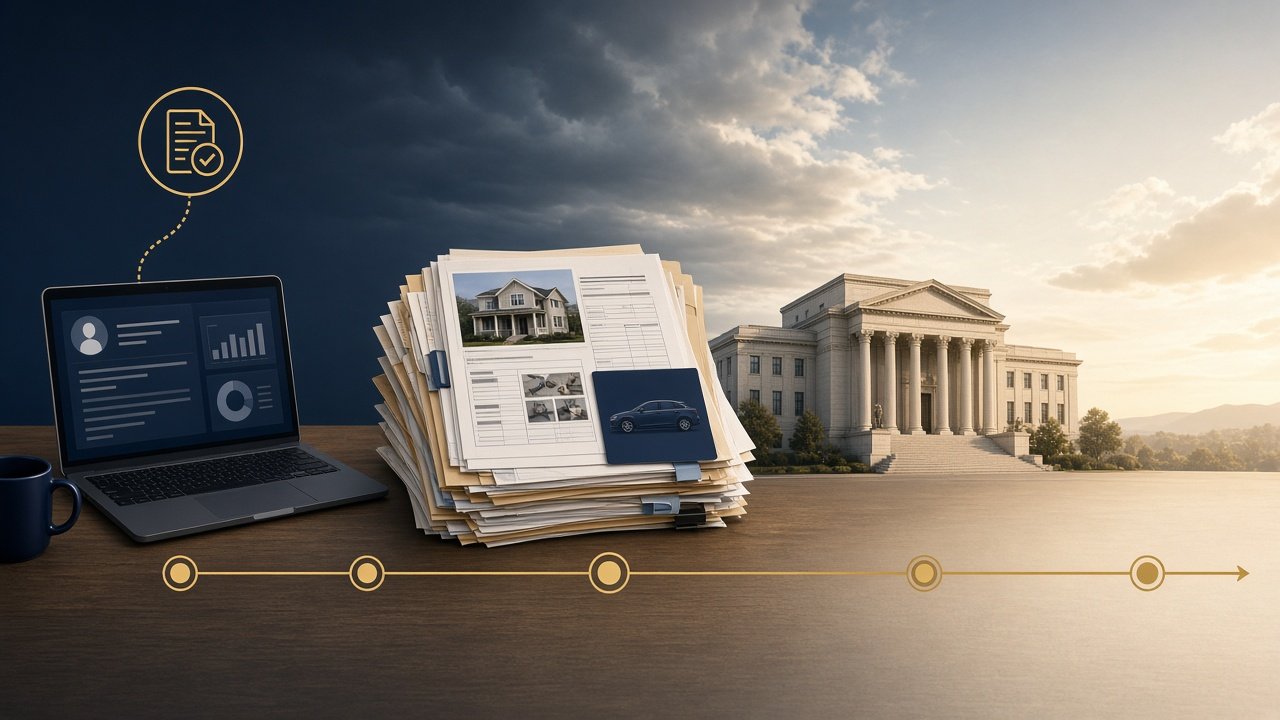 Illustrative timeline graphic depicting steps for reconstructing tax and property records after a disaster, with IRS online account, documents, and valuation resources