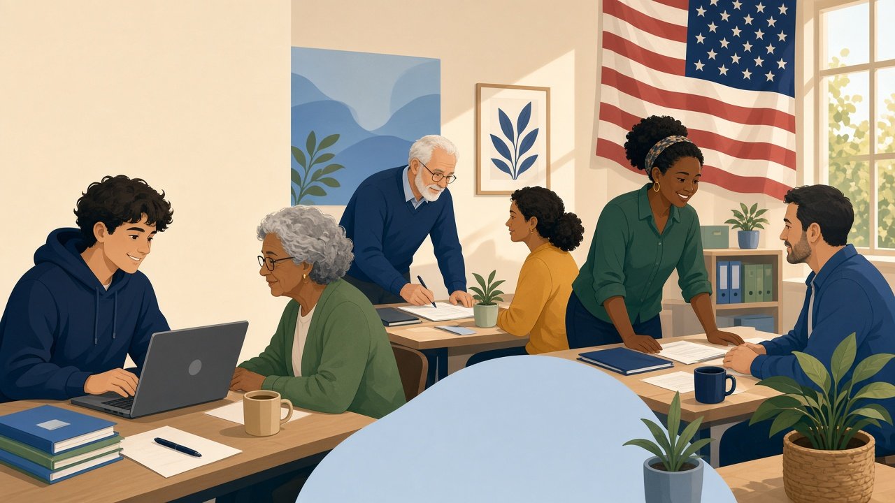 Illustration of volunteers and taxpayers at a community VITA tax preparation event