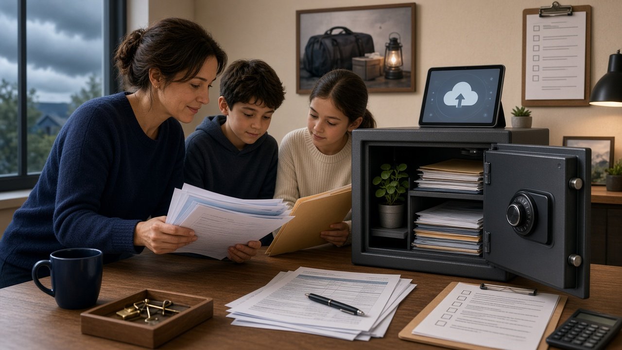 Illustration of preparing tax and financial records for potential disasters, including secure storage and electronic backups.