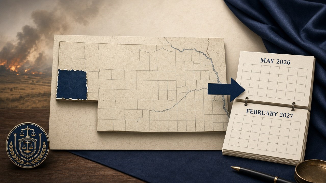 Illustrative map of Nebraska highlighting Dawes County with calendar elements indicating the tax deadline extension from May 2026 to February 2027