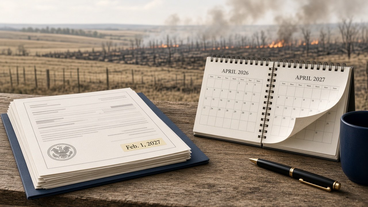 Illustration of Nebraska wildfire area with IRS tax relief document and 2027 deadline calendar