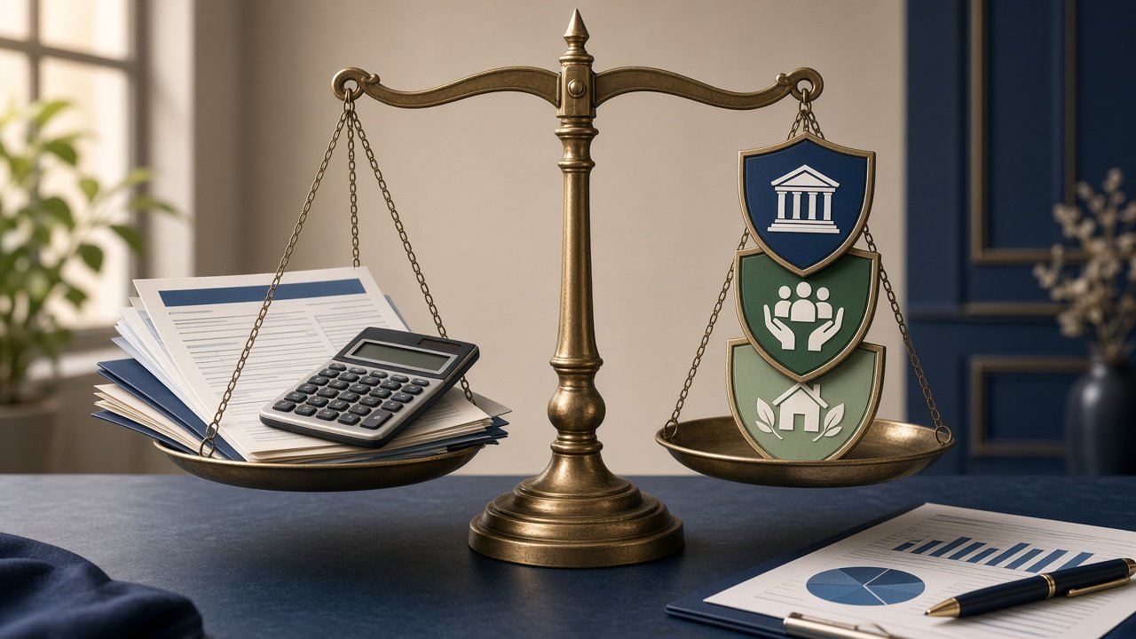 Illustrative graphic depicting symbols of tax fairness and taxpayer protections including scales, documents and shields