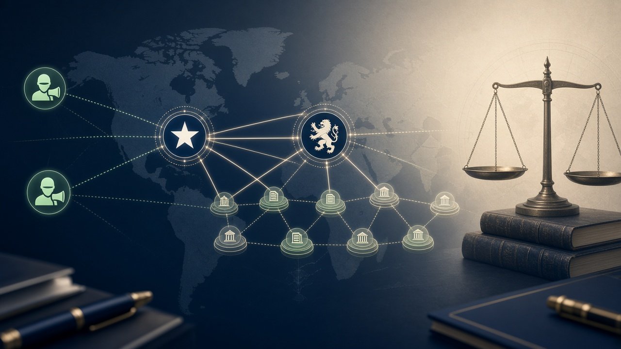 Conceptual diagram illustrating international tax enforcement partnership between IRS and HMRC focusing on cross-border financial networks