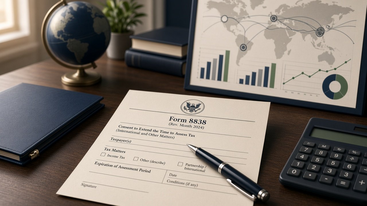 Illustration of IRS Form 8838 and related tax documents on a desk