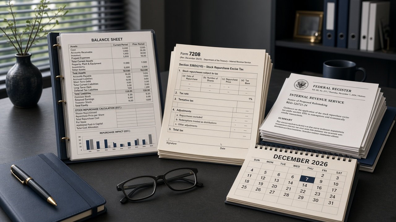 Illustration of financial documents including Form 7208 and a Federal Register notice related to the excise tax on corporate stock repurchases.