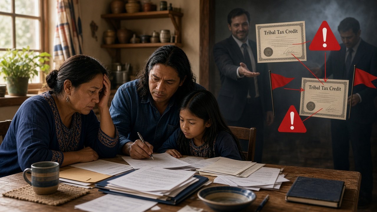 AI illustration of documents and warning symbols representing a tax scam.