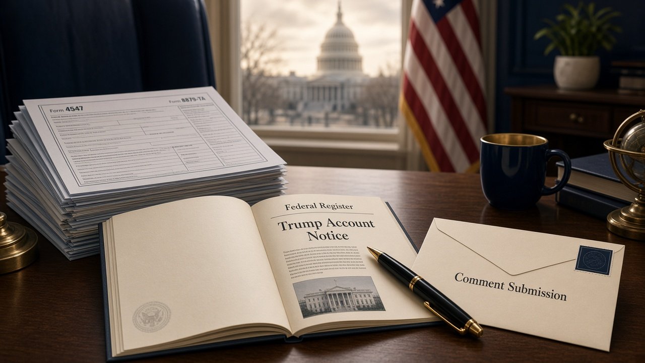 Illustration of IRS forms and Federal Register notice related to Trump Account elections